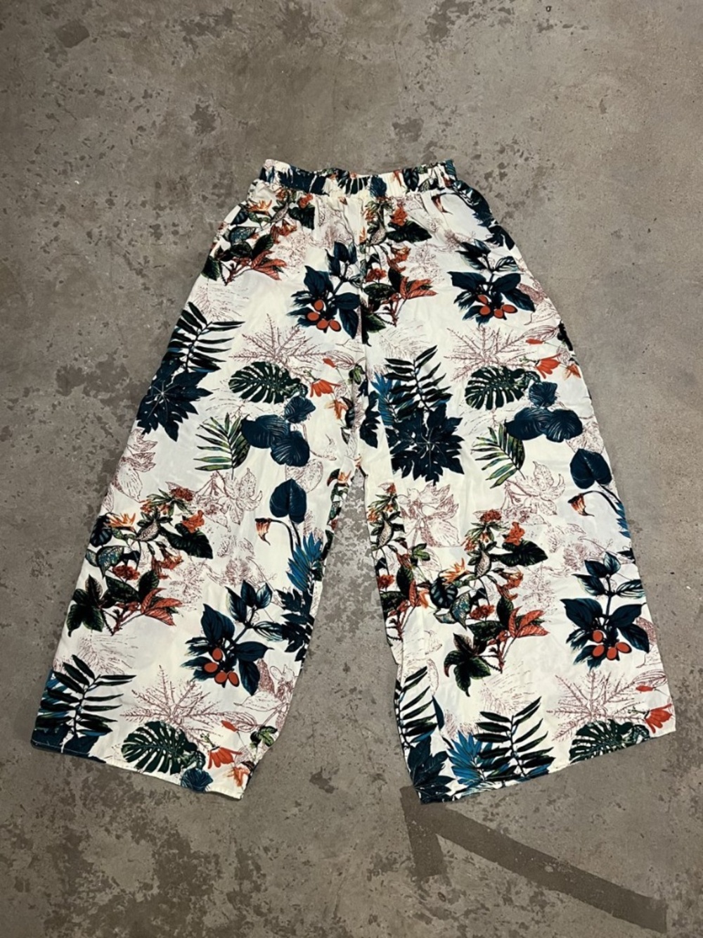 Tropical Boho Floral Women Elastic Waist Wide Leg Cover Up Pants w/Pockets Small